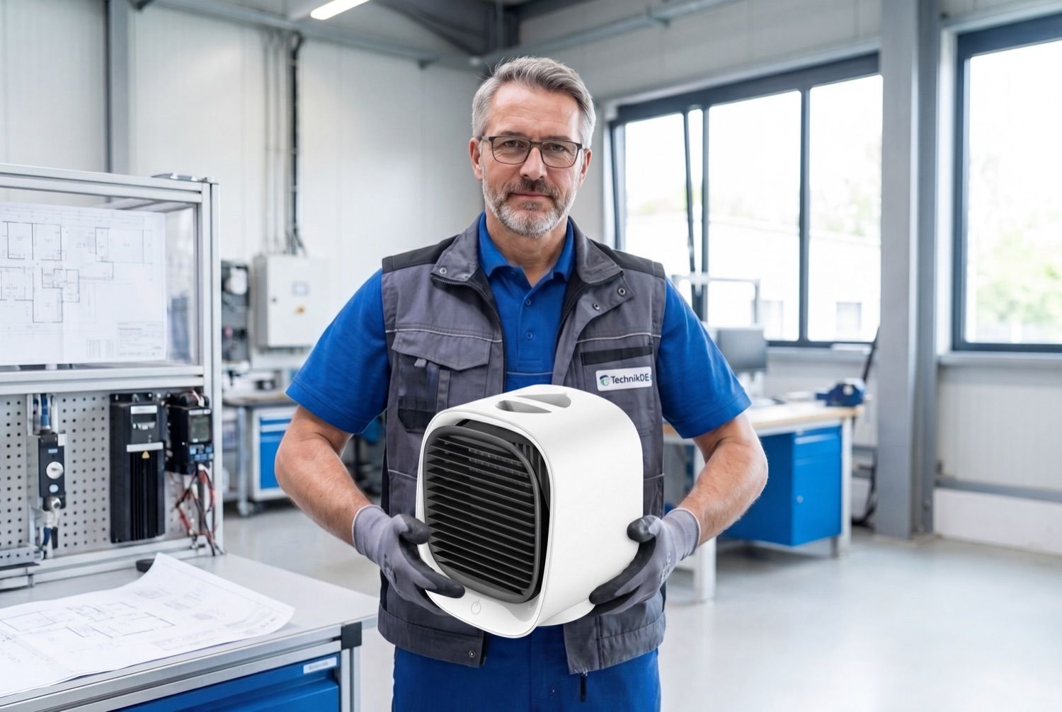 Lukas Weber, Erfinder des AiraBreeze, in seinem Entwicklungslabor